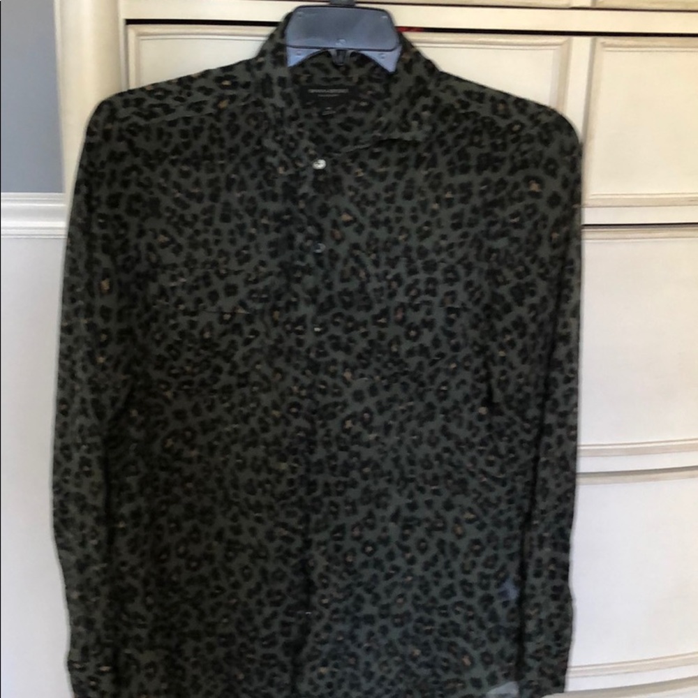 Banana Republic Olive Green and Black Leopard Print Button-Up Blouse